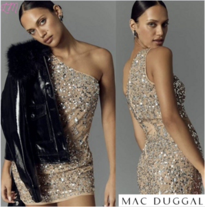 Mac Duggal 10977 One Shoulder‎ Sheer Hand Beaded Mini Dress Size 6 Nude Silver